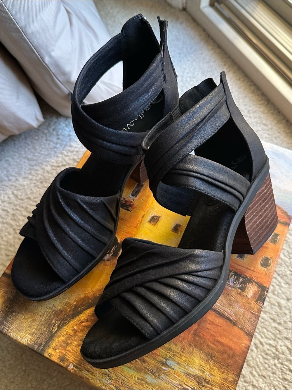 black strap sandals with a block heel